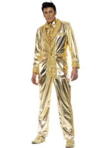 Man in a Gold Elvis Presley Costume, Posing Against a White Background — Costumes Galore in Maroochydore, QLD