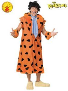 Man in Fred Flintstone Costume, Orange Robe With Black Spots, Blue Tie, Large Feet — Costumes Galore in Maroochydore, QLD