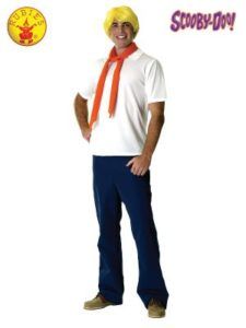 Man in Fred Jones Costume: Blonde Wig, Orange Ascot, White Shirt, Blue Pants — Costumes Galore in Maroochydore, QLD