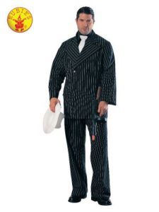 Man in Pinstripe Suit, Holding a White Hat and a Toy Gun, White Background — Costumes Galore in Maroochydore, QLD