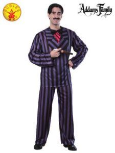 Man in Pinstripe Suit, Holding a Prop Gun, Dressed as Gomez Addams From the Addams Family — Costumes Galore in Maroochydore, QLD