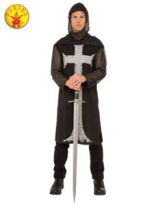 Person in a Black Knight Costume Holding a Silver Sword — Costumes Galore in Maroochydore, QLD