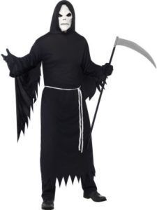 Grim Reaper Costume, Black Robe, White Mask, Holding a Scythe — Costumes Galore in Maroochydore, QLD