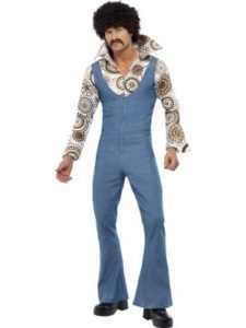 Man in a 1970s Disco Costume: Denim Jumpsuit, Patterned Shirt, Afro Wig, Mustache — Costumes Galore in Maroochydore, QLD