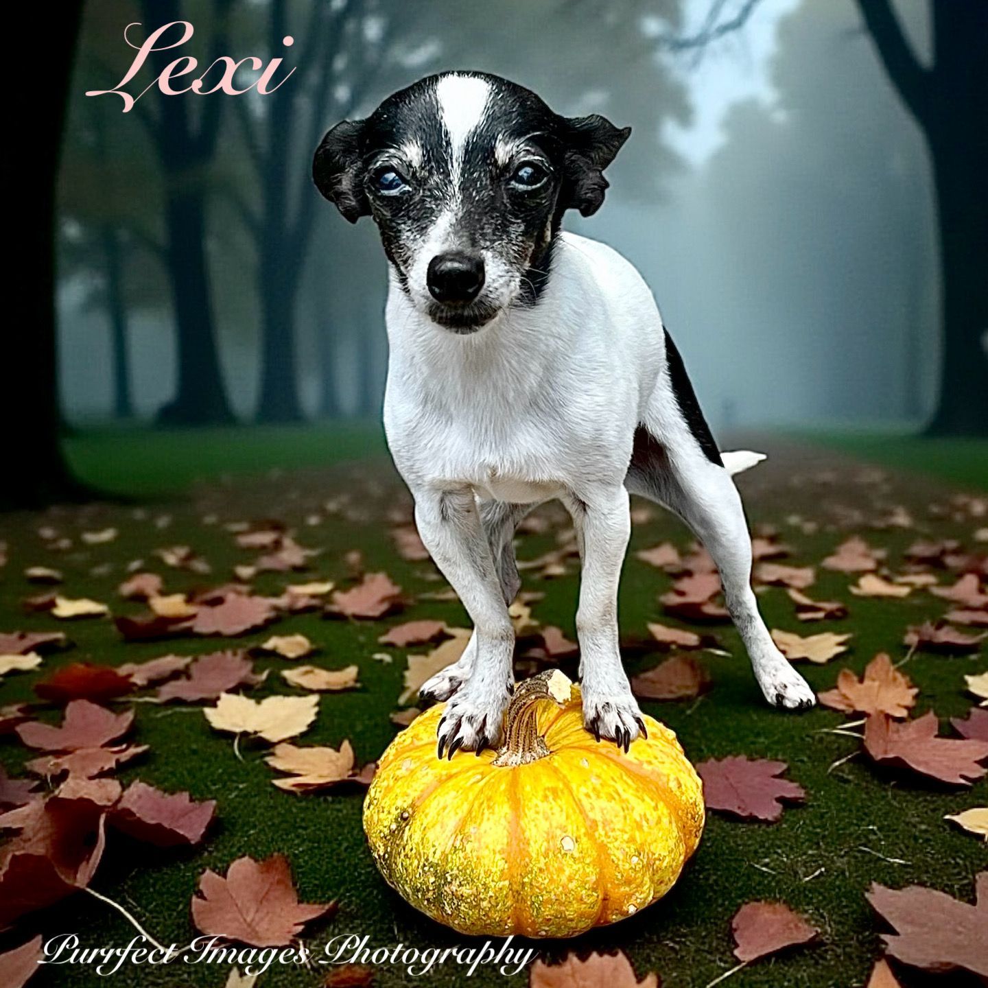Lexi, a small black and white dog, standing on a yellow pumpkin outdoors in a fall setting.