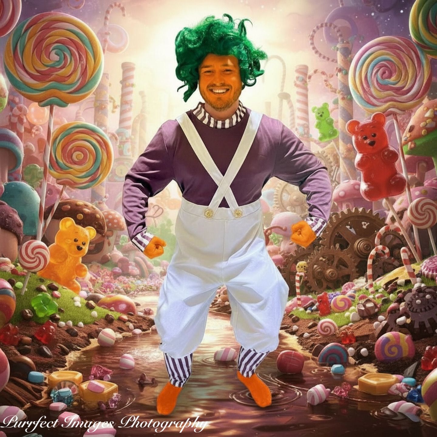 Person in Willy Wonka costume poses in colorful candy land — Costumes Galore In Maroochydore, QLD