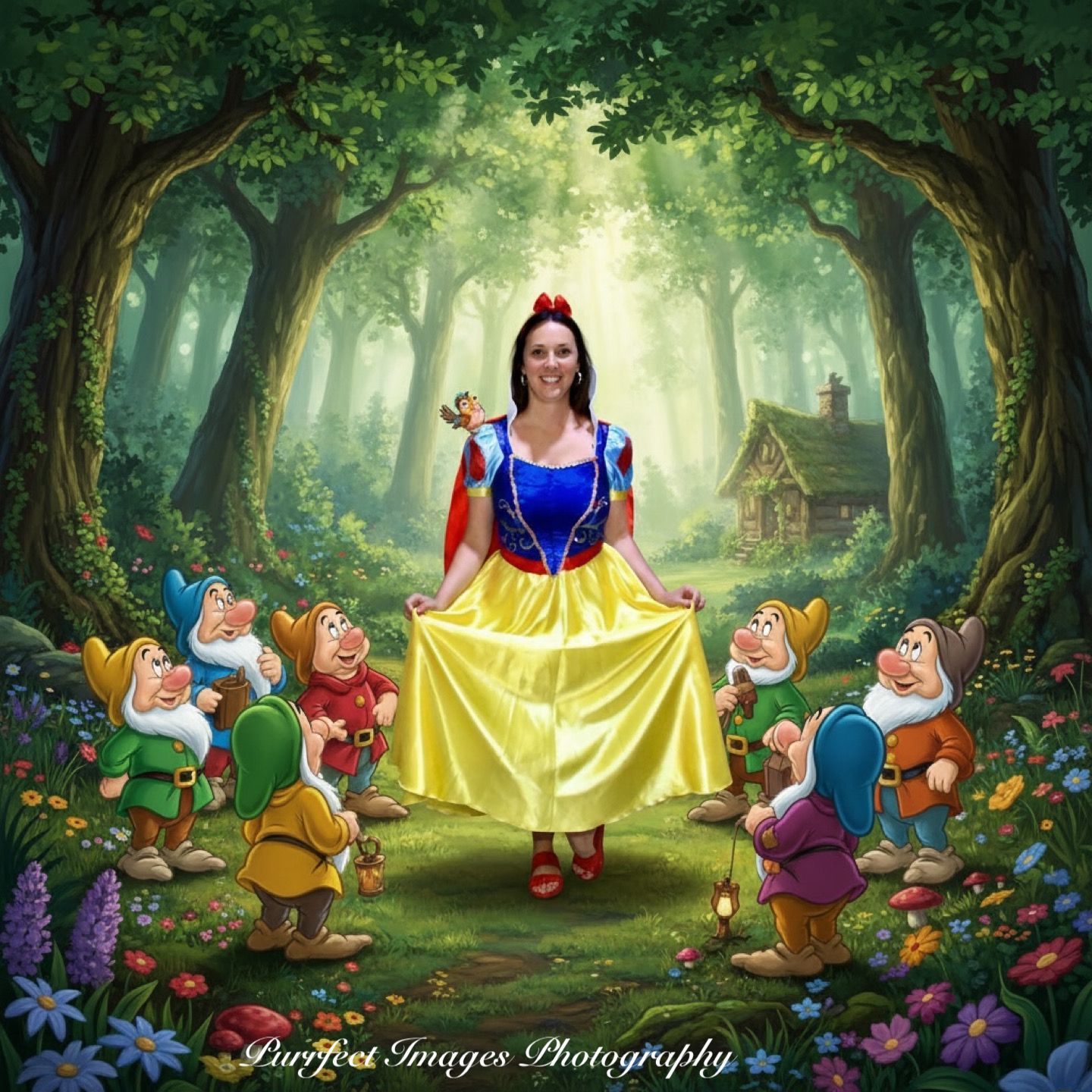 Snow White in a yellow dress with seven dwarfs in a forest setting.