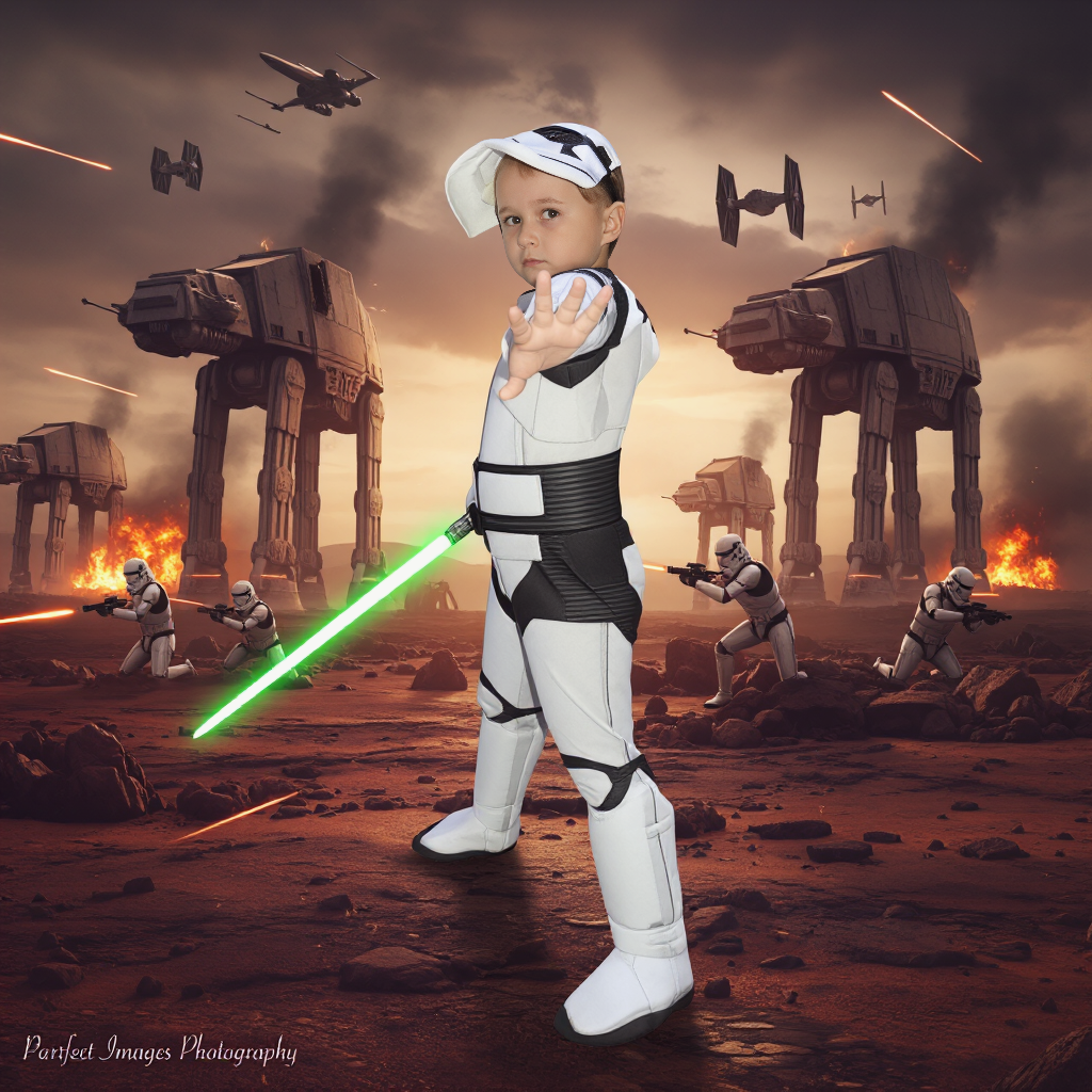 Dog in pink nurse's uniform with a white collar, standing in a hallway.