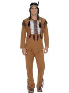 Man in Brown Native American Costume, Headpiece With Feather, Standing — Costumes Galore in Maroochydore, QLD