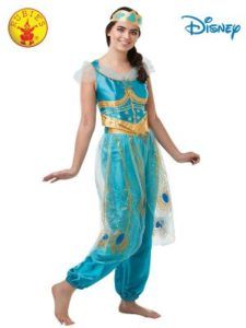 Woman in a Teal Princess Jasmine Costume, Wearing a Gold Crown, Smiling,  — Costumes Galore in Maroochydore, QLD