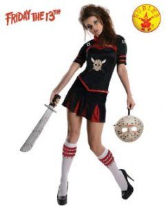 Woman in Friday the 13th Cheerleader Costume Holds a Machete and Jason Mask — Costumes Galore in Maroochydore, QLD
