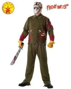 Jason Voorhees in Costume, Wearing a Mask, Holding a Machete, With a Green Jumpsuit — Costumes Galore in Maroochydore, QLD