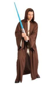 Man in Jedi Robe Holding Blue Lightsaber — Costumes Galore in Maroochydore, QLD