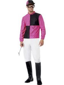 Jockey in Costume: Pink and Black Top, White Pants, Black Boots, Holding a Whip — Costumes Galore in Maroochydore, QLD