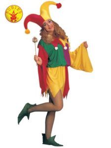 Woman in Jester Costume With a Tall Hat and Scepter, and Yellow Outfit, Smiling — Costumes Galore in Maroochydore, QLD