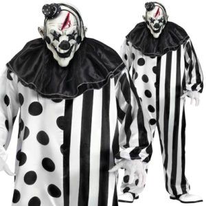 Scary Clown in Black and White Costume and Mask With Red Slash — Costumes Galore in Maroochydore, QLD