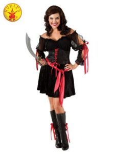 Woman in Pirate Costume Holding a Sword, Black Dress With Red Accents — Costumes Galore in Maroochydore, QLD