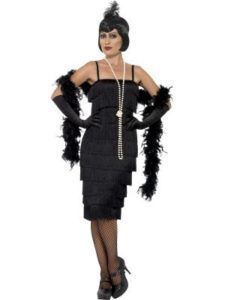Woman in a Black Flapper Dress, Feather Boa, Gloves, and Headpiece — Costumes Galore in Maroochydore, QLD