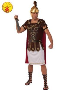 Man in Roman Centurion Costume, Wearing Helmet, and Sandals, Flexing Arm — Costumes Galore in Maroochydore, QLD