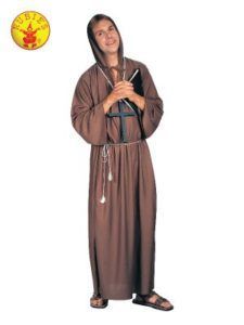 Person in a Brown Monk Costume, Hooded Robe, Holding a Book and Cross, With Sandals — Costumes Galore in Maroochydore, QLD