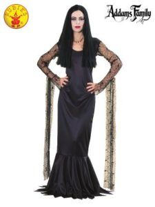 Morticia Addams Halloween Costume in Black Dress With Lace Sleeves — Costumes Galore in Maroochydore, QLD