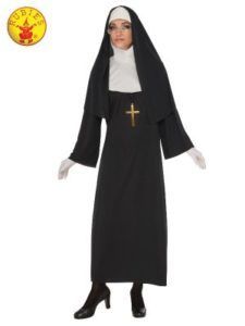 Woman in a Black Nun Costume With White Collar, Gloves, and Cross, Standing — Costumes Galore in Maroochydore, QLD