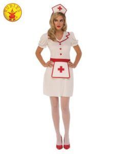 Woman in a White Nurse Costume With Red Accents, Wearing a Hat, Posing — Costumes Galore in Maroochydore, QLD