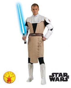 Man in a Jedi Costume Holding a Blue Lightsaber, With a Star Wars Logo — Costumes Galore in Maroochydore, QLD