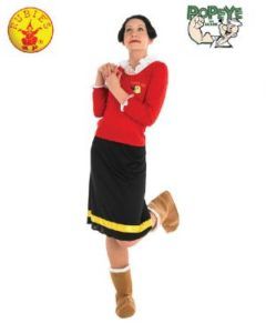 Woman in Olive Oyl Costume, Red Shirt, Black Skirt, Tan Boots, Arms Clasped — Costumes Galore in Maroochydore, QLD