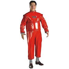 Man in Red Shiny Jumpsuit and Striped Socks — Costumes Galore in Maroochydore, QLD