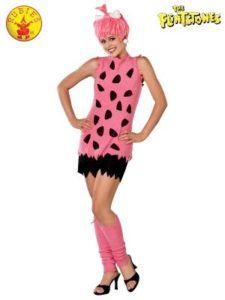 Woman in Pink Pebbles Flintstone Costume With Wig and Black Spots — Costumes Galore in Maroochydore, QLD