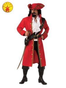 Pirate in Red Coat, Hat, and Boots, Holding a Sword — Costumes Galore in Maroochydore, QLD