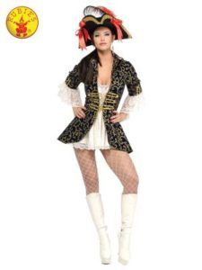 Woman in pirate costume: black jacket, white dress, hat with red ribbons, white boots — Costumes Galore in Maroochydore, QLD