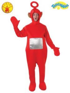 Red Teletubby Costume; Person Wearing Red Jumpsuit With Screen on Belly — Costumes Galore in Maroochydore, QLD