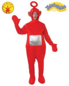 Red Teletubby Costume With Silver Screen on Belly, Arm Raised — Costumes Galore in Maroochydore, QLD