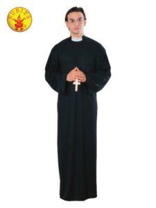 Man in Black Priest's Robe With White Collar and Cross, Standing — Costumes Galore in Maroochydore, QLD