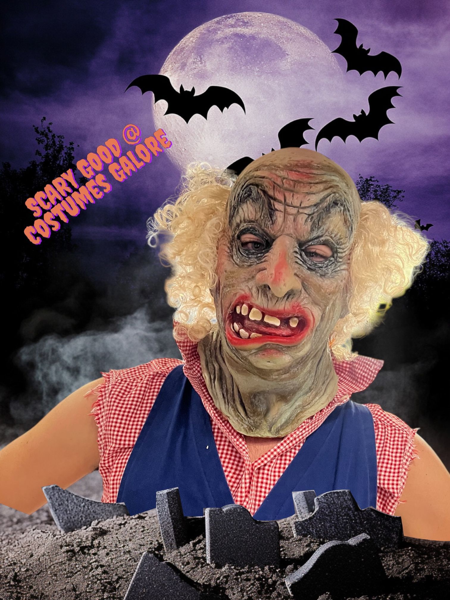 Creepy clown mask with white wig. Bats fly in a purple sky with a full moon.