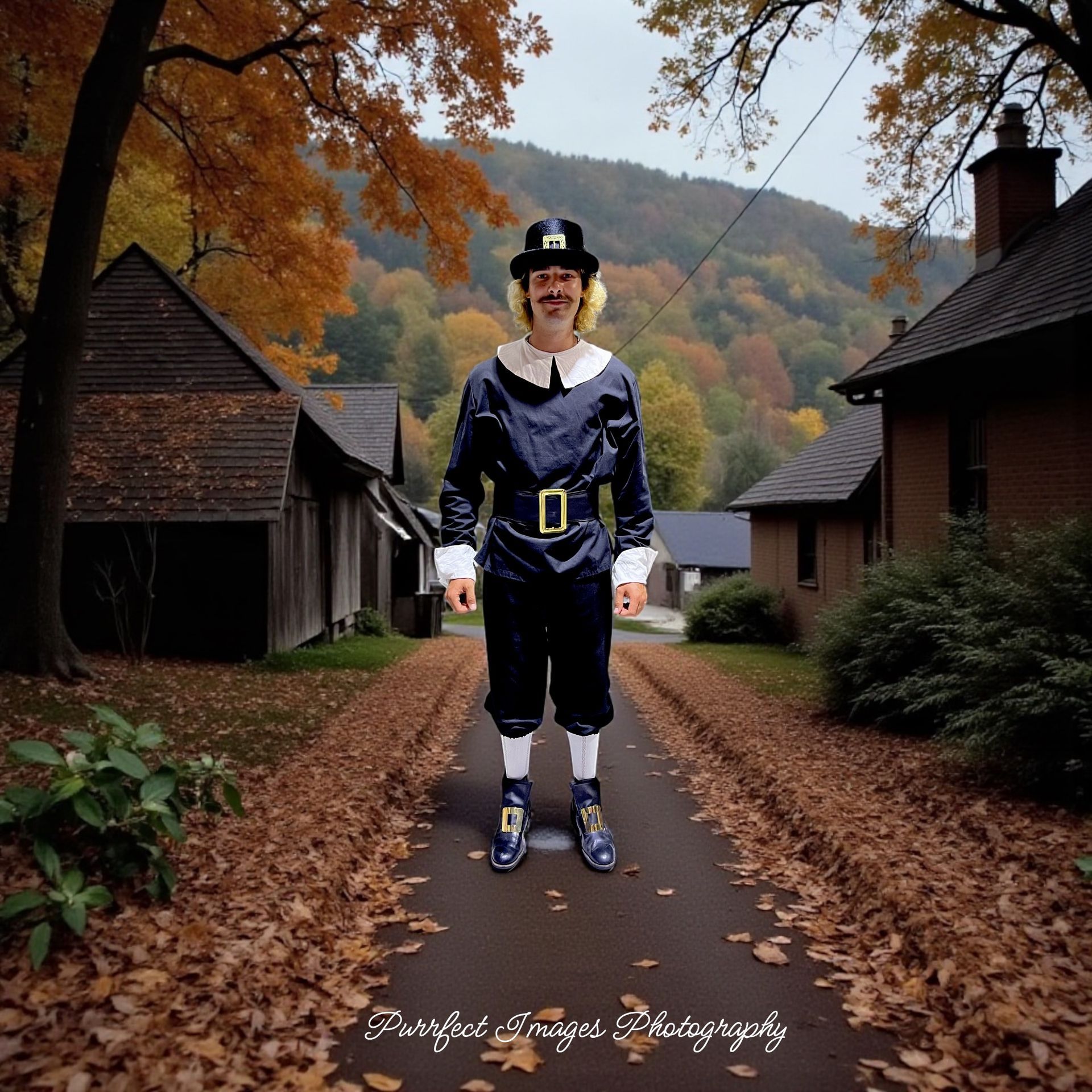 A person in a pilgrim costume stands on a leaf-covered path in front of buildings and autumn trees.