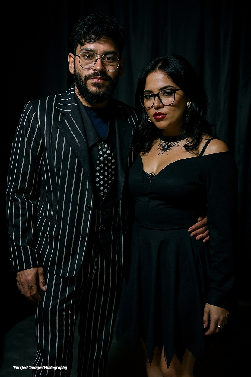 Couple in costumes pose together. Man in pinstriped suit, woman in black dress, both with glasses, dark setting.