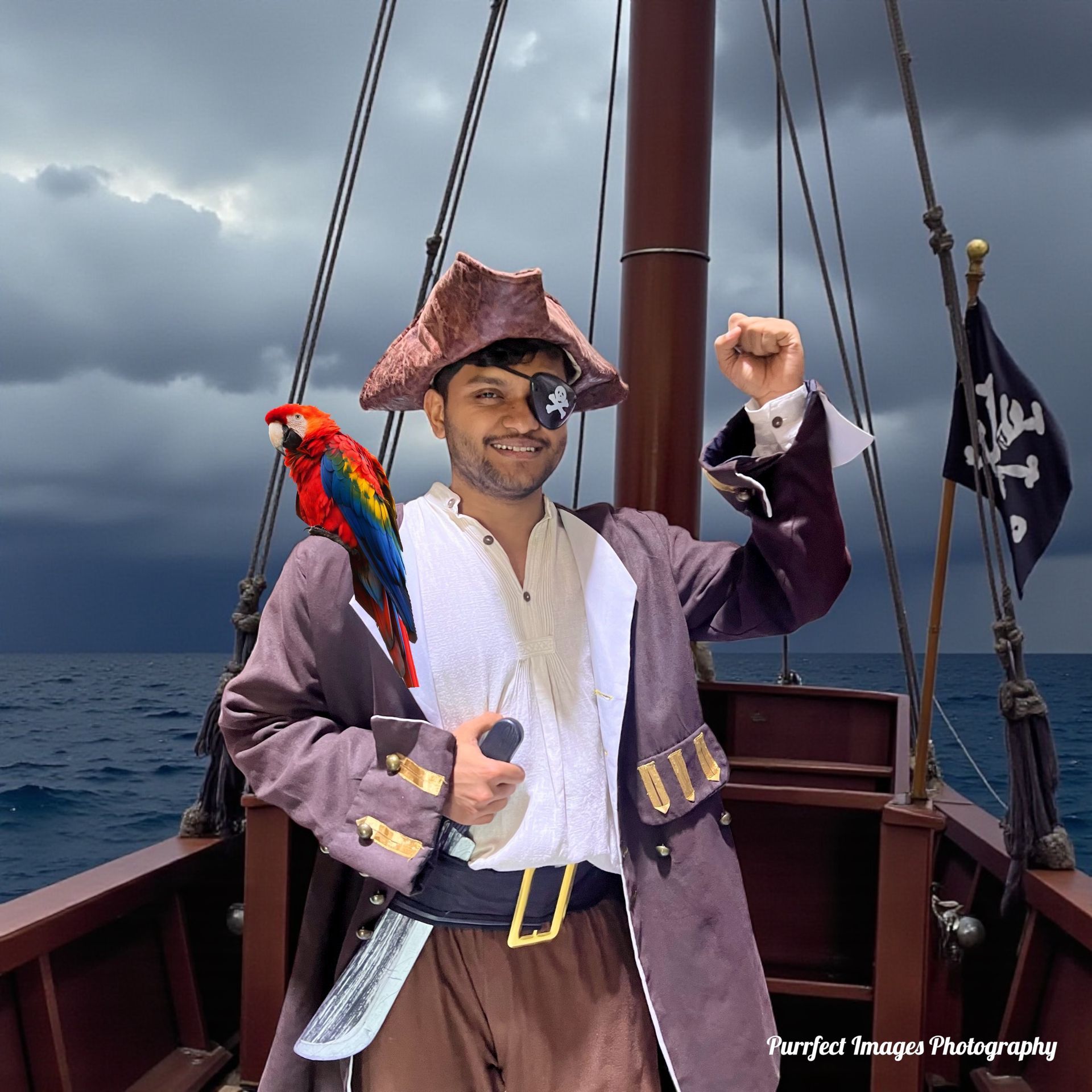 Pirate on a ship's deck with a parrot, raising his fist. Stormy ocean and sky in background.