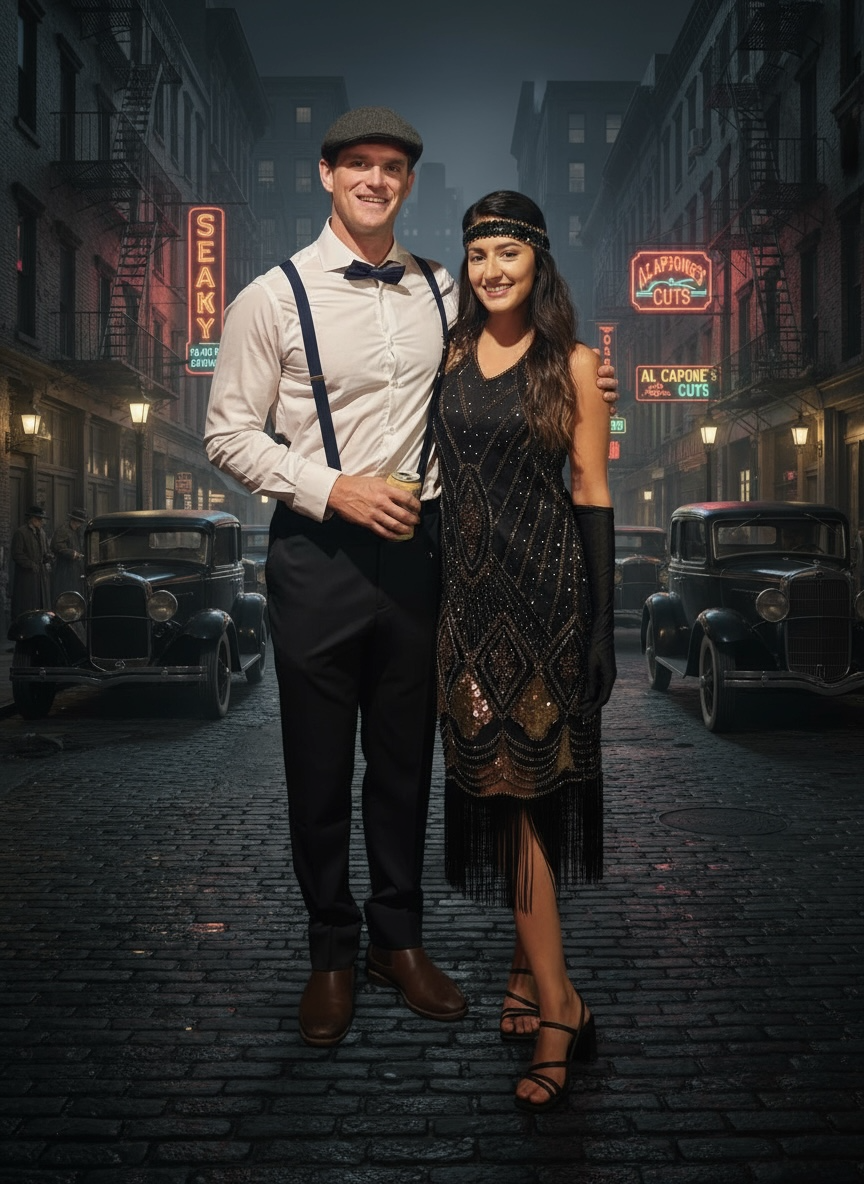 Couple in 1920s attire poses on a cobblestone street. The man wears a newsboy cap and suspenders. The woman wears a flapper dress.