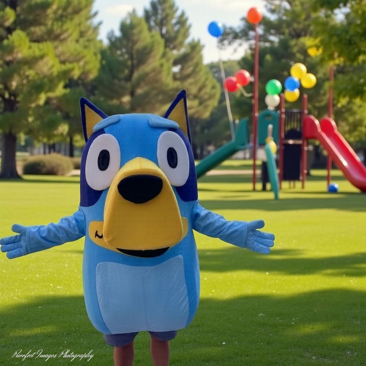 Bluey costume in a park, arms open, smiling at a playground with balloons.