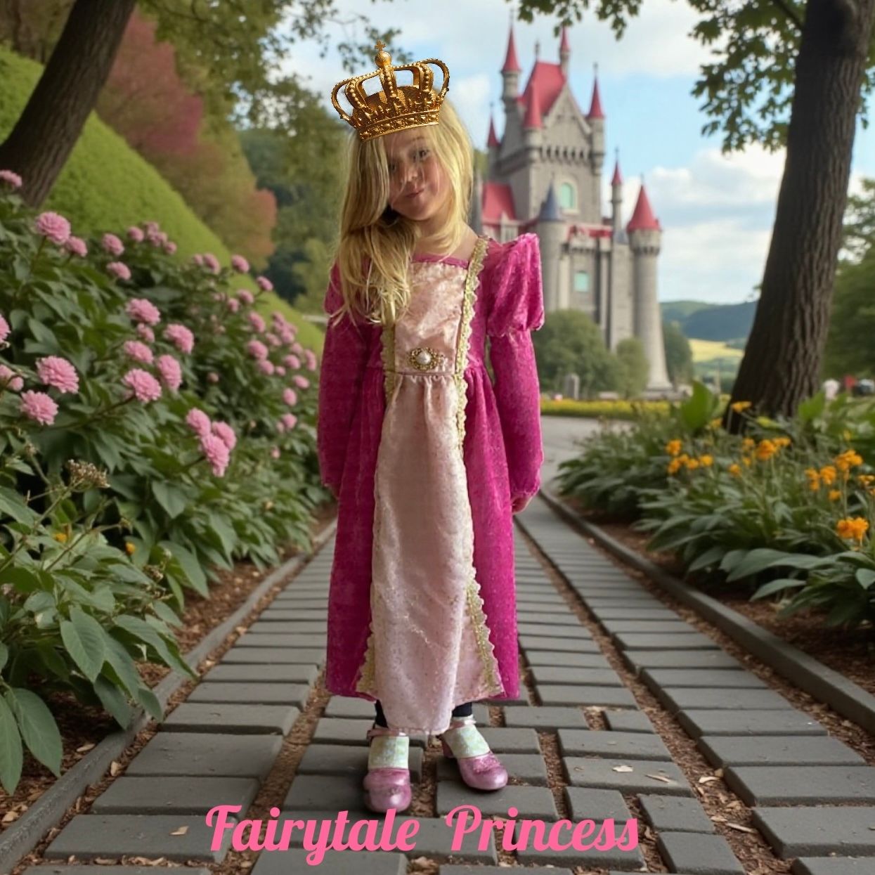 Young girl in princess dress and crown stands on stone path in front of a castle — Costumes Galore In Maroochydore, QLD