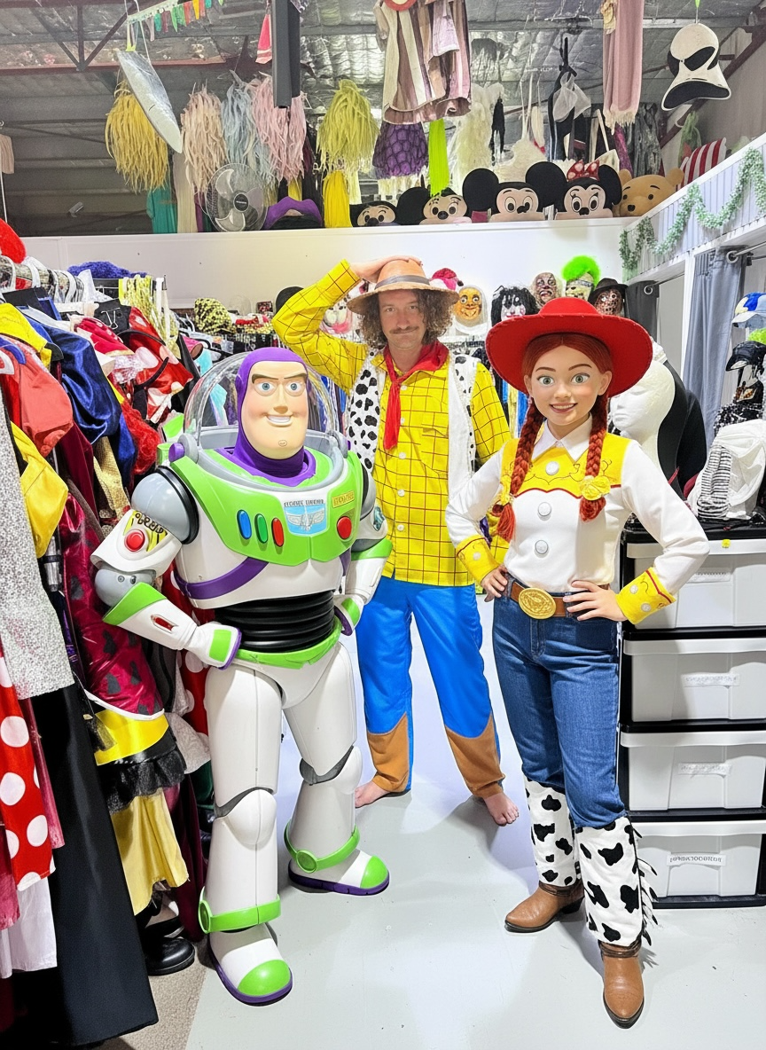Buzz Lightyear, Woody, and Jessie costumes pose together in a costume shop, surrounded by various outfits — Costumes Galore In Maroochydore, QLD