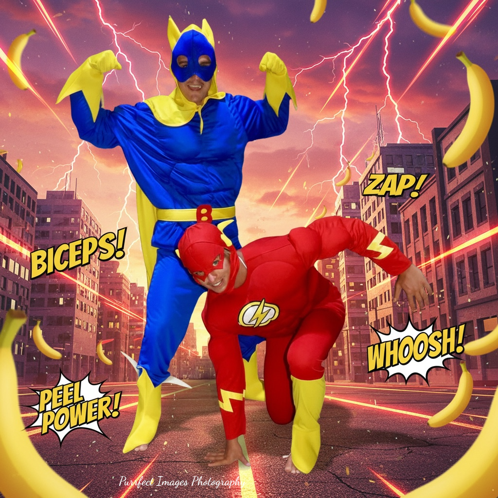 Three people in gold and white disco costumes dance on a stage with a disco ball.