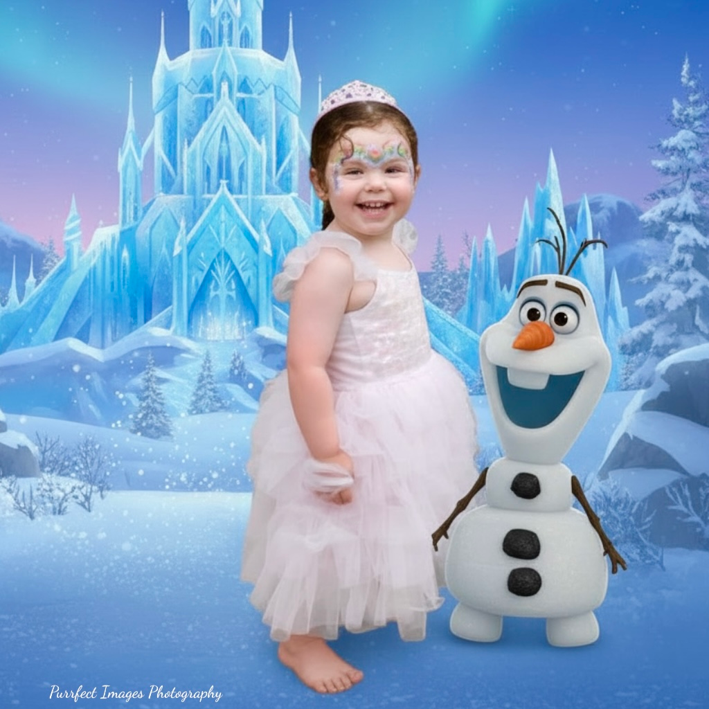 Smiling Child in a Pink Dress and Tiara Stands Beside a Cartoon Snowman, Olaf — Costumes Galore in Fraser Coast, QLD