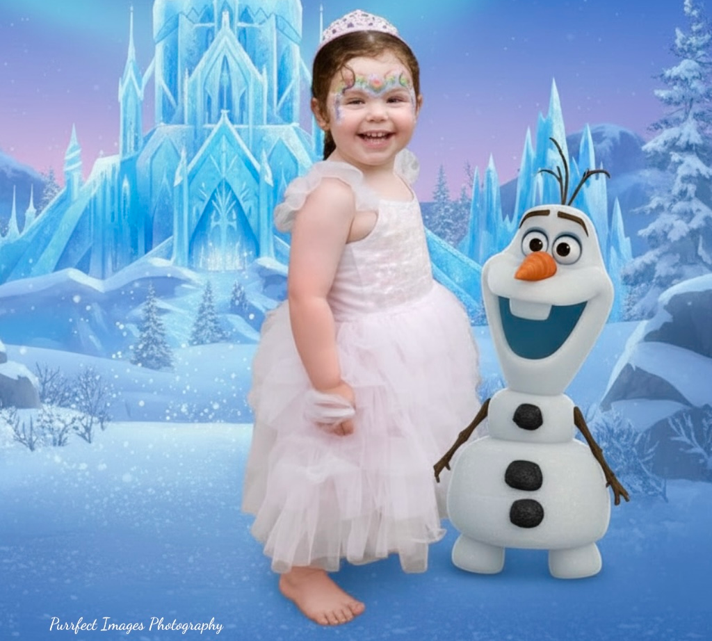 Girl in a Princess Dress With Olaf the Snowman in Front of an Ice Castle — Costumes Galore in Maroochydore, QLD