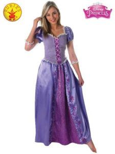Woman in a Purple Rapunzel Costume Smiles, Posing Indoors — Costumes Galore in Maroochydore, QLD