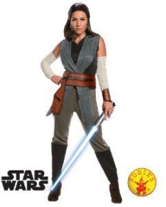 Rey Costume From Star Wars; Woman Wearing Grey/brown Outfit, Holding Lightsaber — Costumes Galore in Maroochydore, QLD