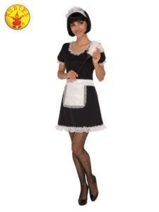 Woman in a French Maid Costume, Black Dress With White Apron, Holding a Feather Duster — Costumes Galore in Maroochydore, QLD